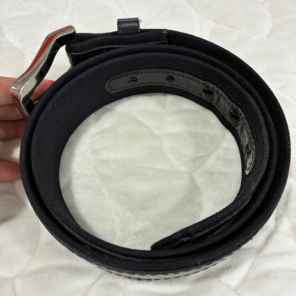 Mens Black Leather Trim Canvas Belt Silver Buckle Casual Workwear Retro-50